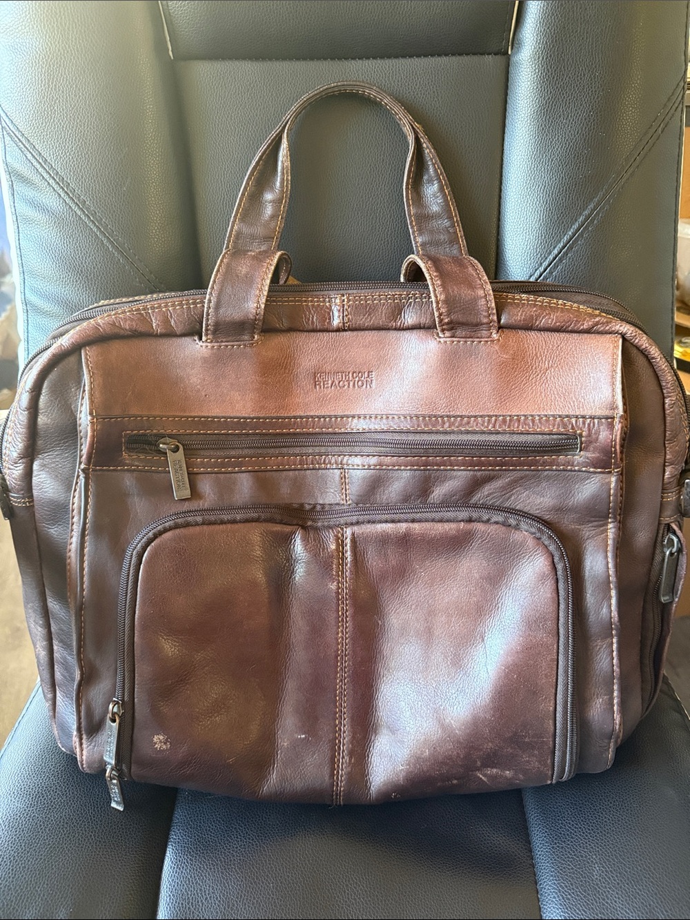 Kenneth Cole Reaction Brown Leather Briefcase with Dual Front Pockets